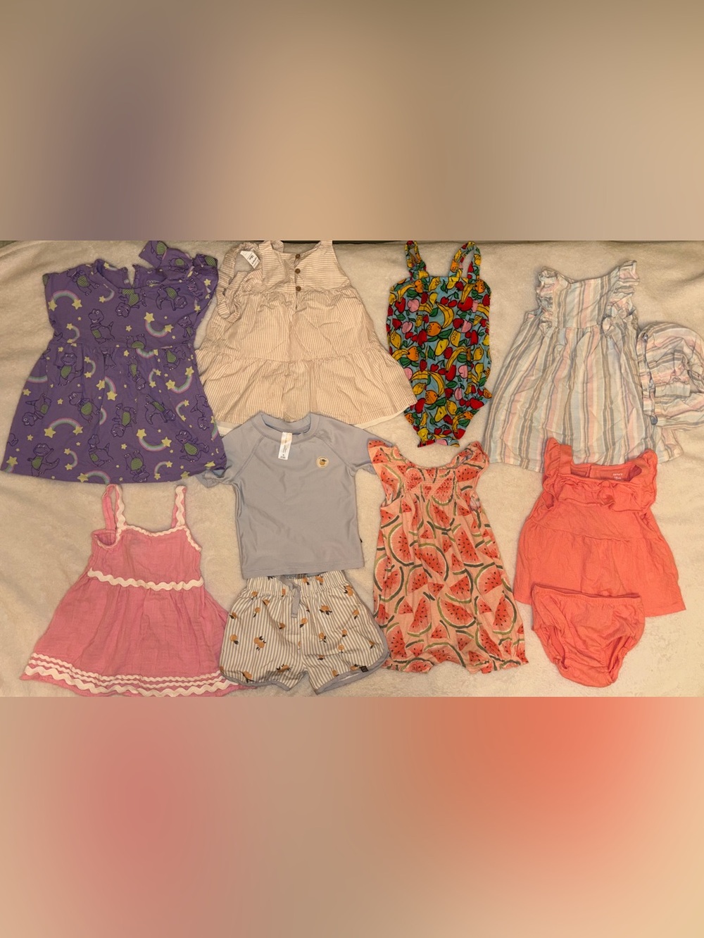 Lot of 18M girl summer clothes. Small stain on striped dress. Gently used.